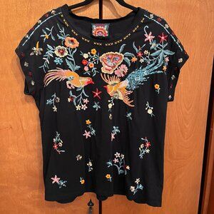 Johnny Was Soha Black Sequin Bird Floral Embroidered Cotton Short Sleeve Top, L